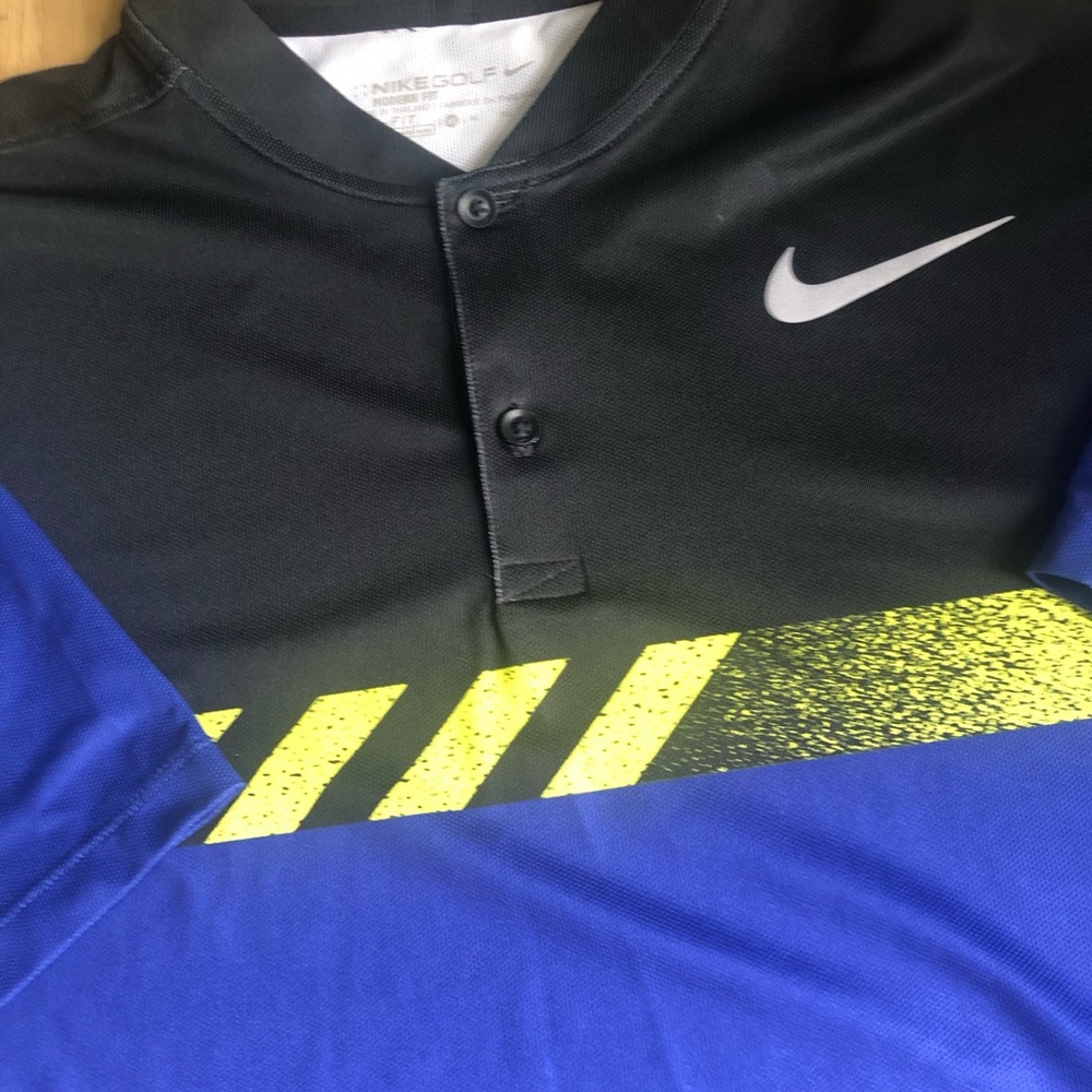 Nike Black and Blue Golf Polo with Yellow Stripes